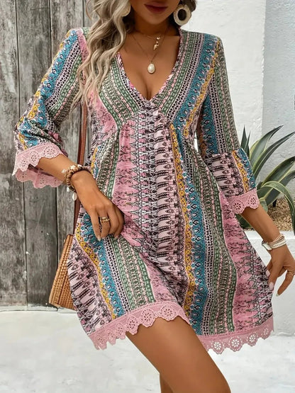 Elegant Lace Trim Printed V-Neck 3/4 Sleeve Dress - adritiX
