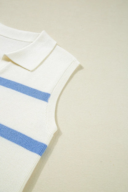 Stripe Split V Neck Collared Ribbed Sweater Vest - adritiX