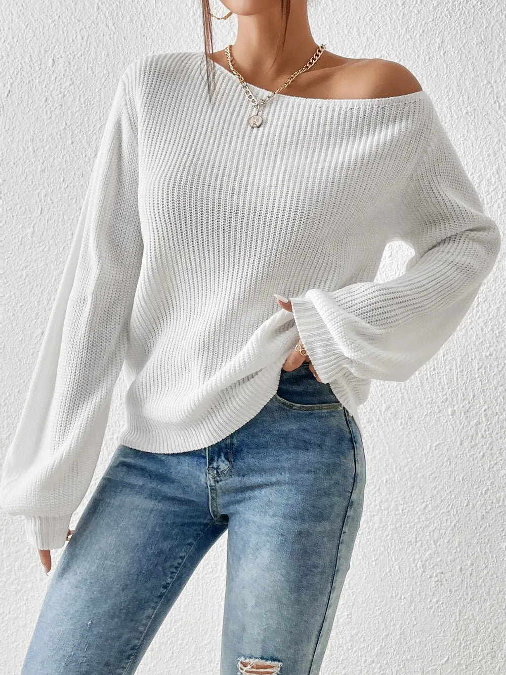 Elegant Honey Single Shoulder Long Sleeve Sweater - adritiX
