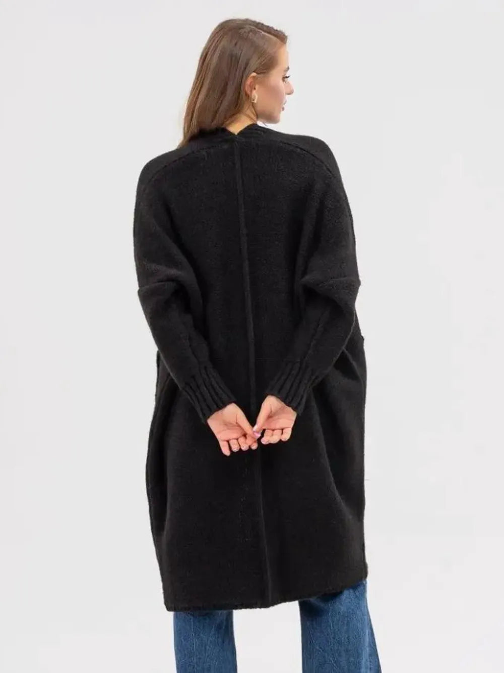 Pocketed Open Front Long Sleeve Longline Cardigan - adritiX