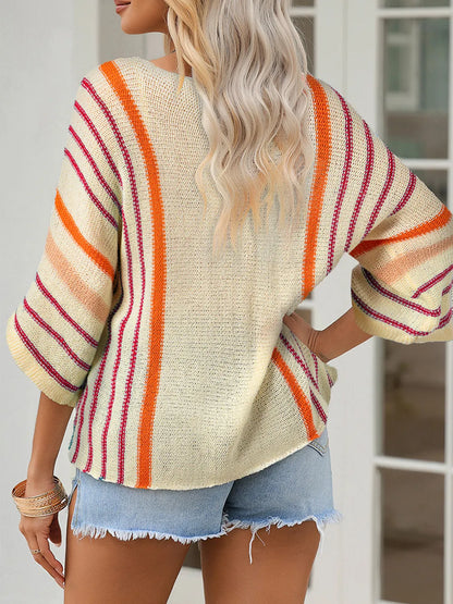 Striped Boat Neck Three-Quarter Sleeve Knit Top - adritiX