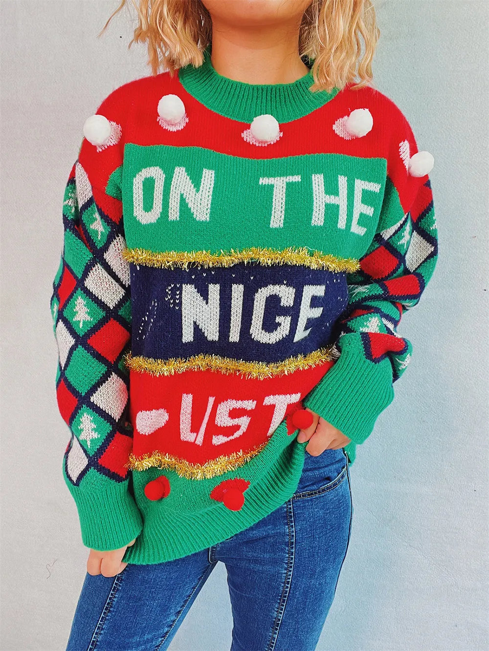 Pom-Pom Contrast Round Neck Long Sleeve Sweater - adritiX