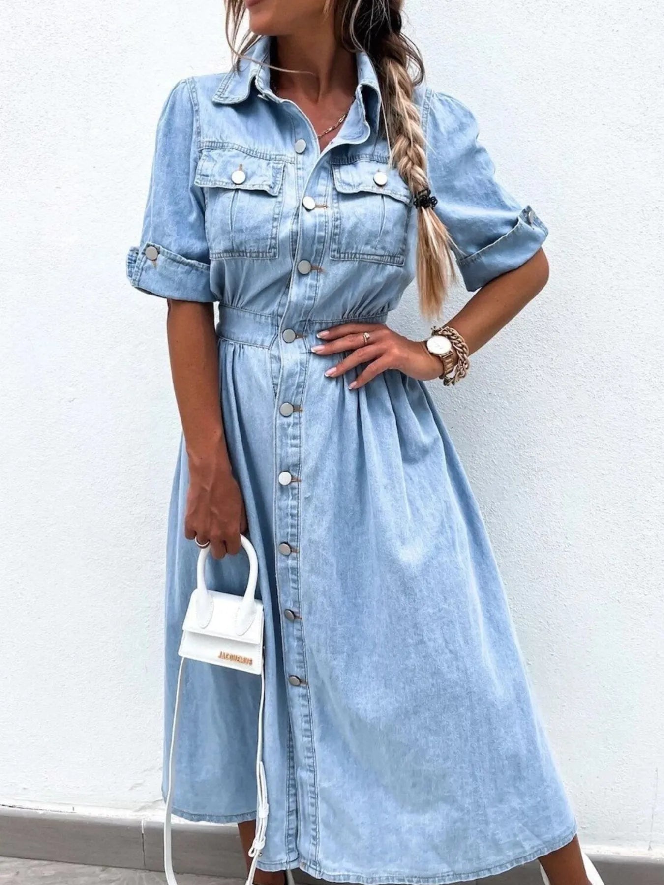 Full Size Button Down Roll-Up Sleeve Denim Shirt Dress Plus Size - adritiX