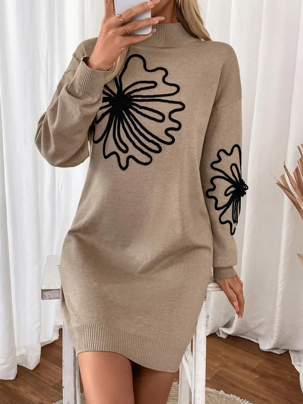 Perfee Flower Mock Neck Long Sleeve Sweater Dress - adritiX
