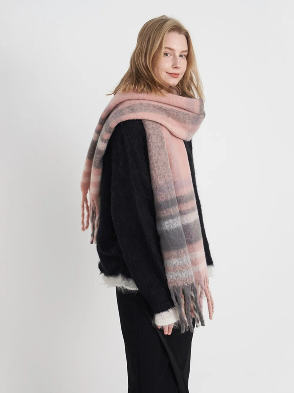 Fringe Plaid Polyester Scarf - adritiX