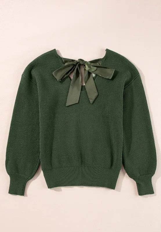 Tied Back V-Neck Long Sleeve Sweater - adritiX
