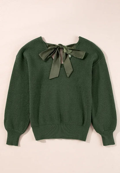 Tied Back V-Neck Long Sleeve Sweater - adritiX