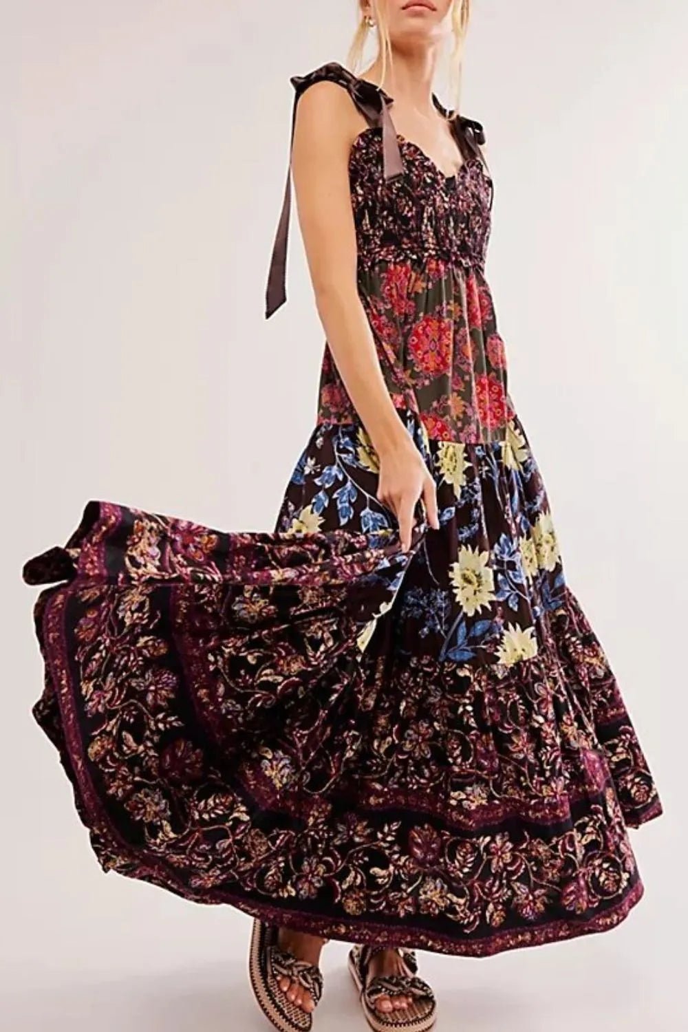 Floral Tiered Maxi Dress with Mixed Print Design - adritiX