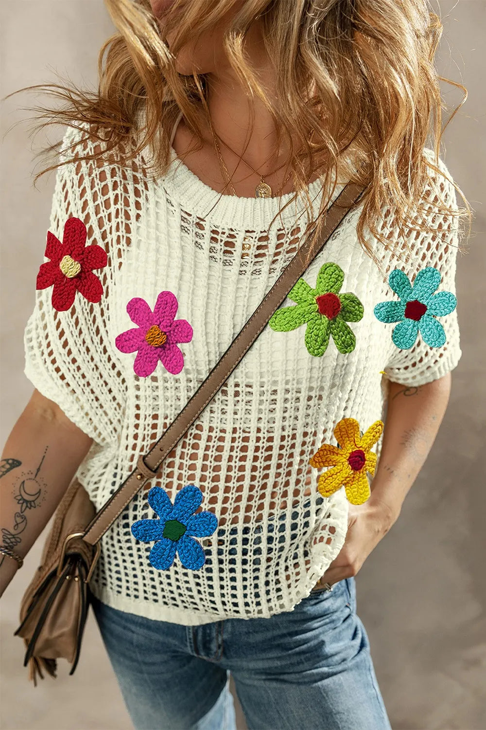 Elegant Flower Round Neck Half Sleeve Knit Cover Up - adritiX