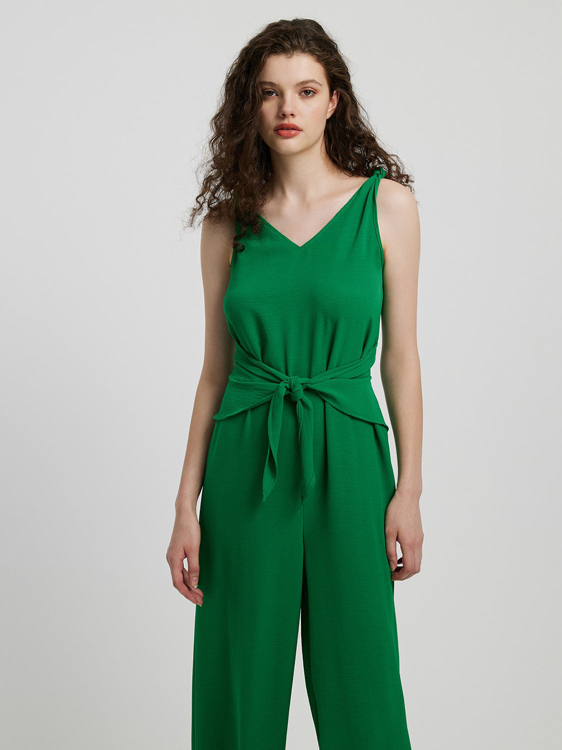 Elegant Honey Knot Detail Tie Front Sleeveless Jumpsuit - adritiX