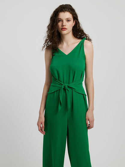 Elegant Honey Knot Detail Tie Front Sleeveless Jumpsuit - adritiX