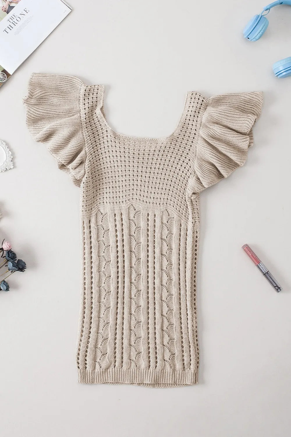Openwork Ruffled Scoop Neck Knit Top - adritiX