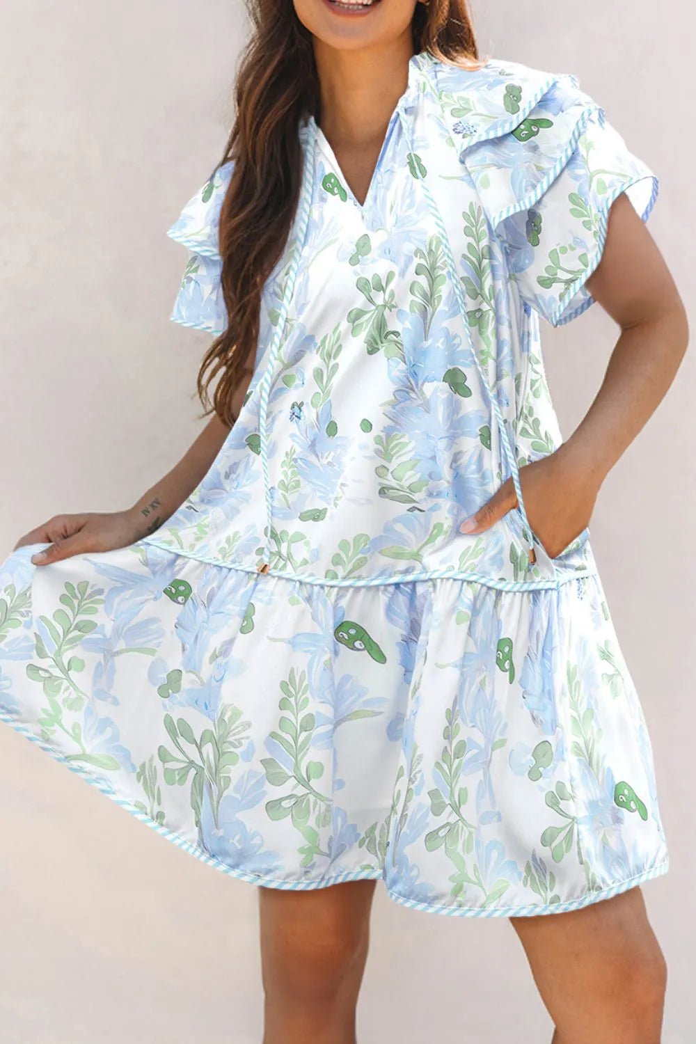 Floral Contrast Edge Layered Short Sleeve Mini Dress - adritiX