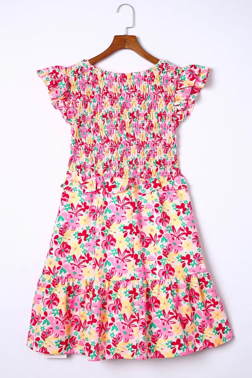 Smocked Floral V-Neck Ruffled Cap Sleeve Dress - adritiX