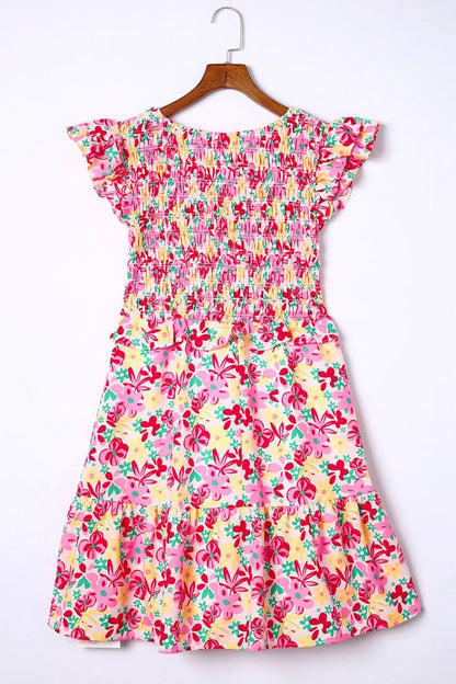 Smocked Floral V-Neck Ruffled Cap Sleeve Dress - adritiX
