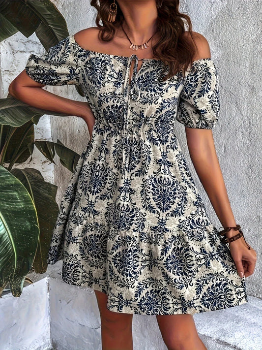 Off-Shoulder Printed Smocked Mini Dress - adritiX