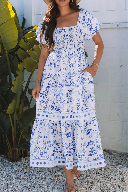 Smocked Printed Square Neck Puff Sleeve Dress - adritiX