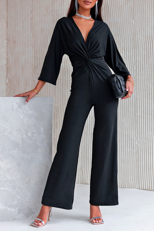 Elegant Twisted Plunge Three-Quarter Sleeve Jumpsuit - adritiX