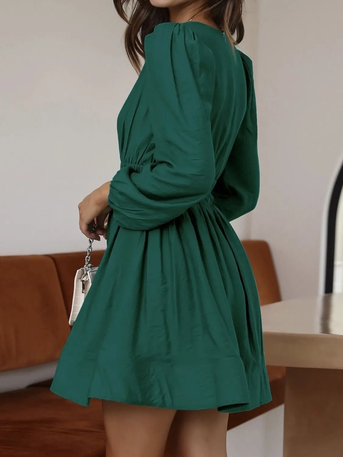 Ruched V-Neck Balloon Sleeve Mini Dress - adritiX
