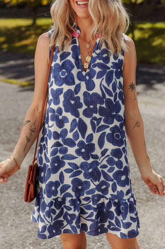 Floral Sleeveless Color Block Notched V Neck Mini Dress - adritiX