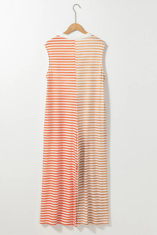 Elegant Striped Round Neck Sleeveless Jumpsuit - adritiX