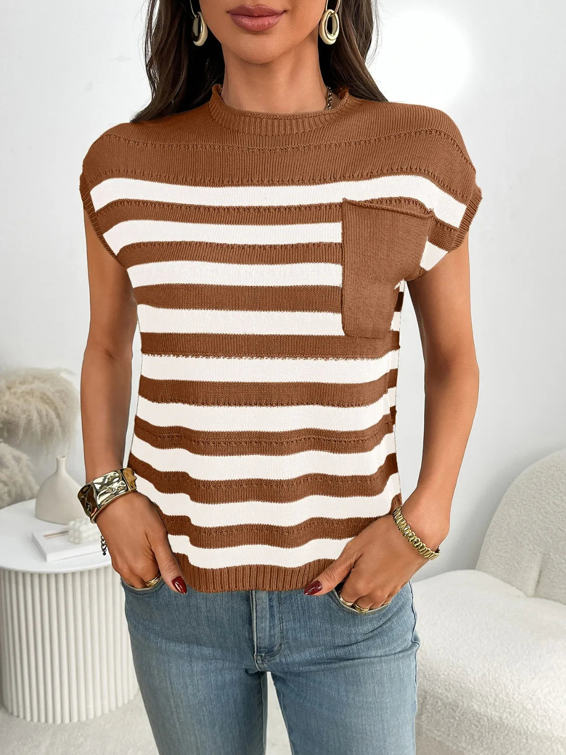 Striped Mock Neck Cap Sleeve Knit Top - adritiX