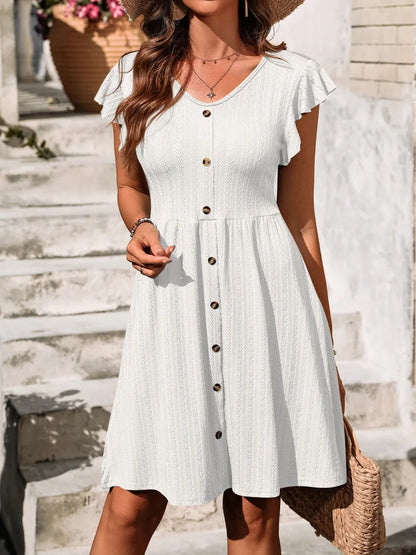 V-Neck Ruffled Cap Sleeve Dress - adritiX