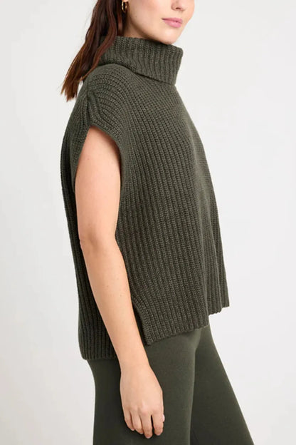 Slit Turtleneck Cap Sleeve Sweater - adritiX