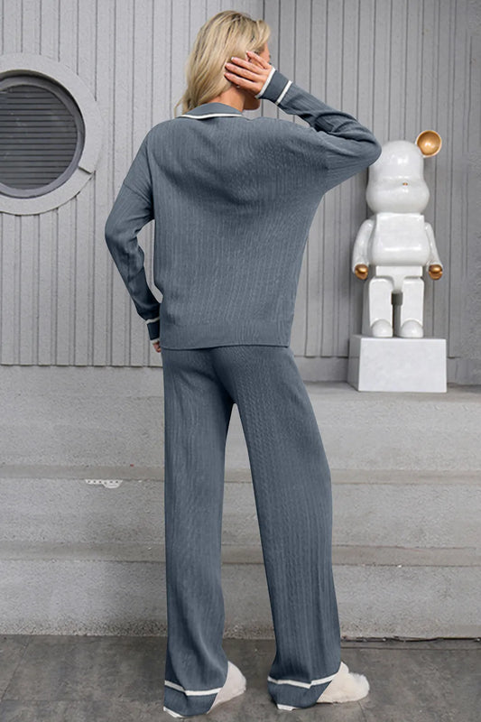 Contrast Trim Johnny Collar Top and Drawstring Pants Sweater Set - adritiX