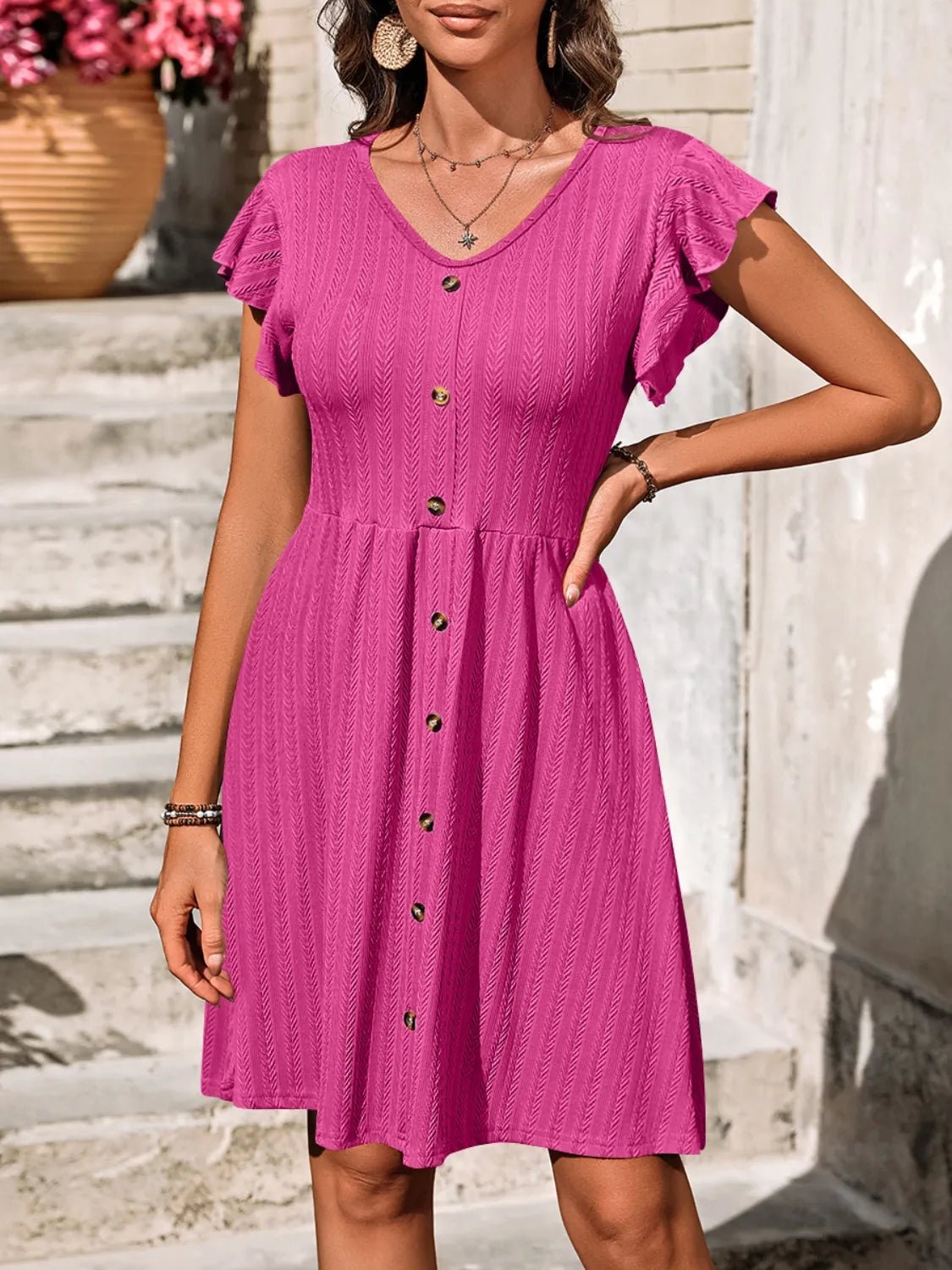 V-Neck Ruffled Cap Sleeve Dress - adritiX