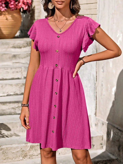 V-Neck Ruffled Cap Sleeve Dress - adritiX