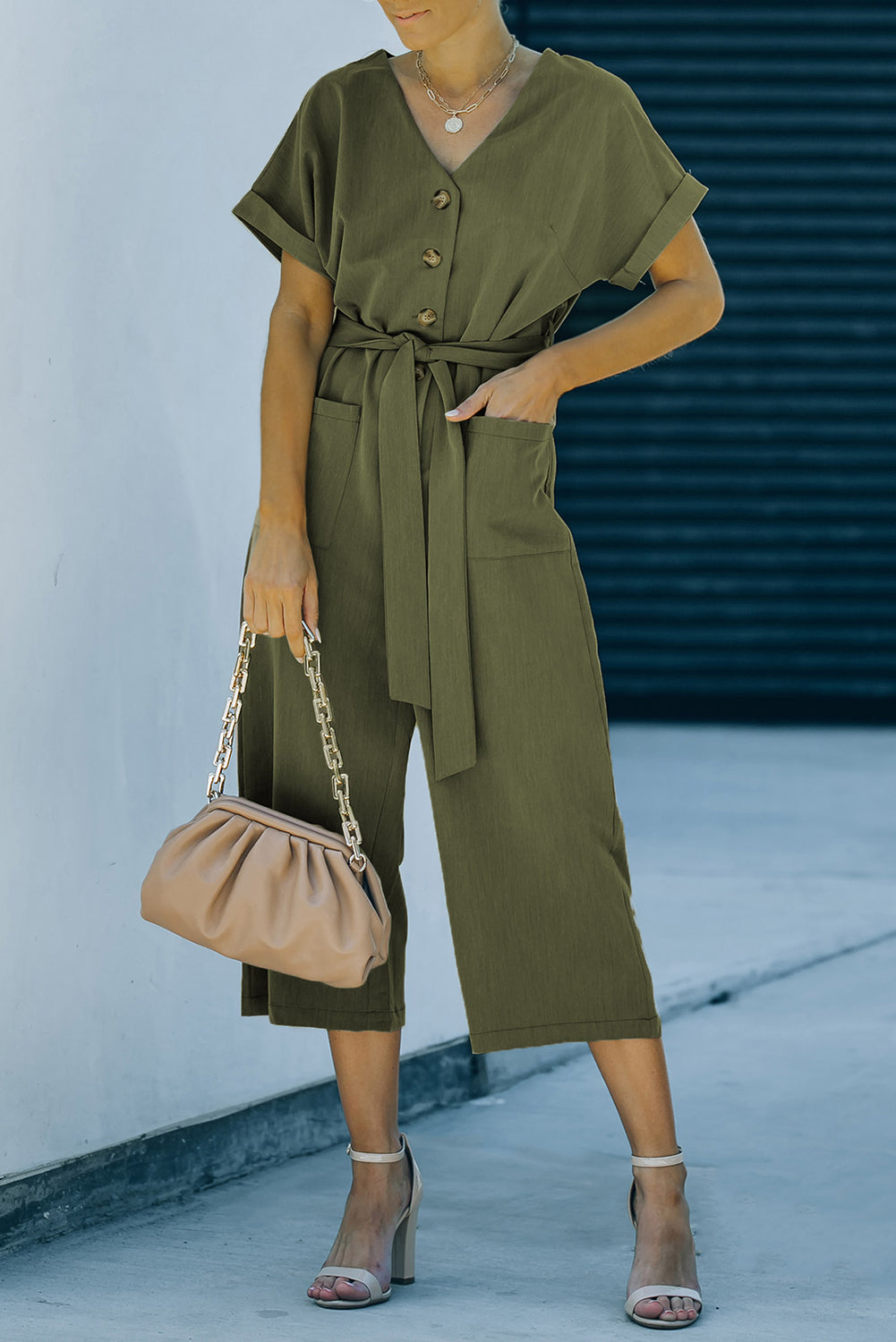 Elegant Tie-Waist Buttoned Cropped Jumpsuit - adritiX