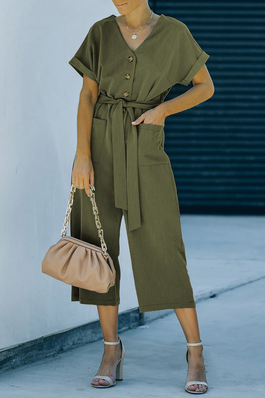 Elegant Tie-Waist Buttoned Cropped Jumpsuit - adritiX