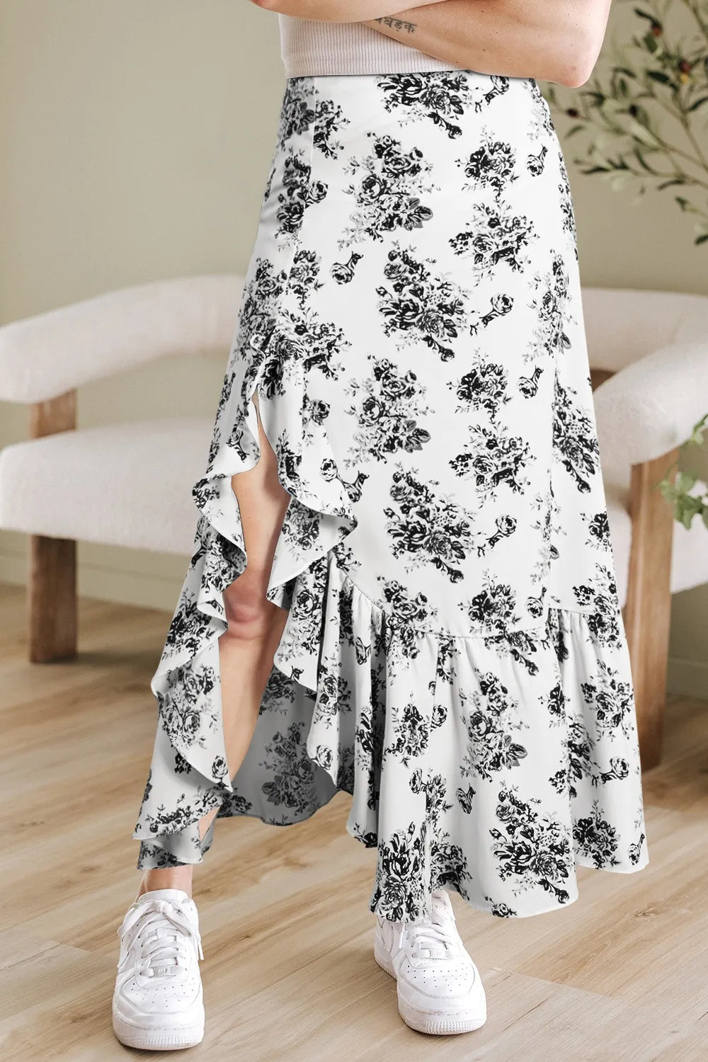 Boho Floral High Waist Ruffle Split Maxi Skirt - adritiX