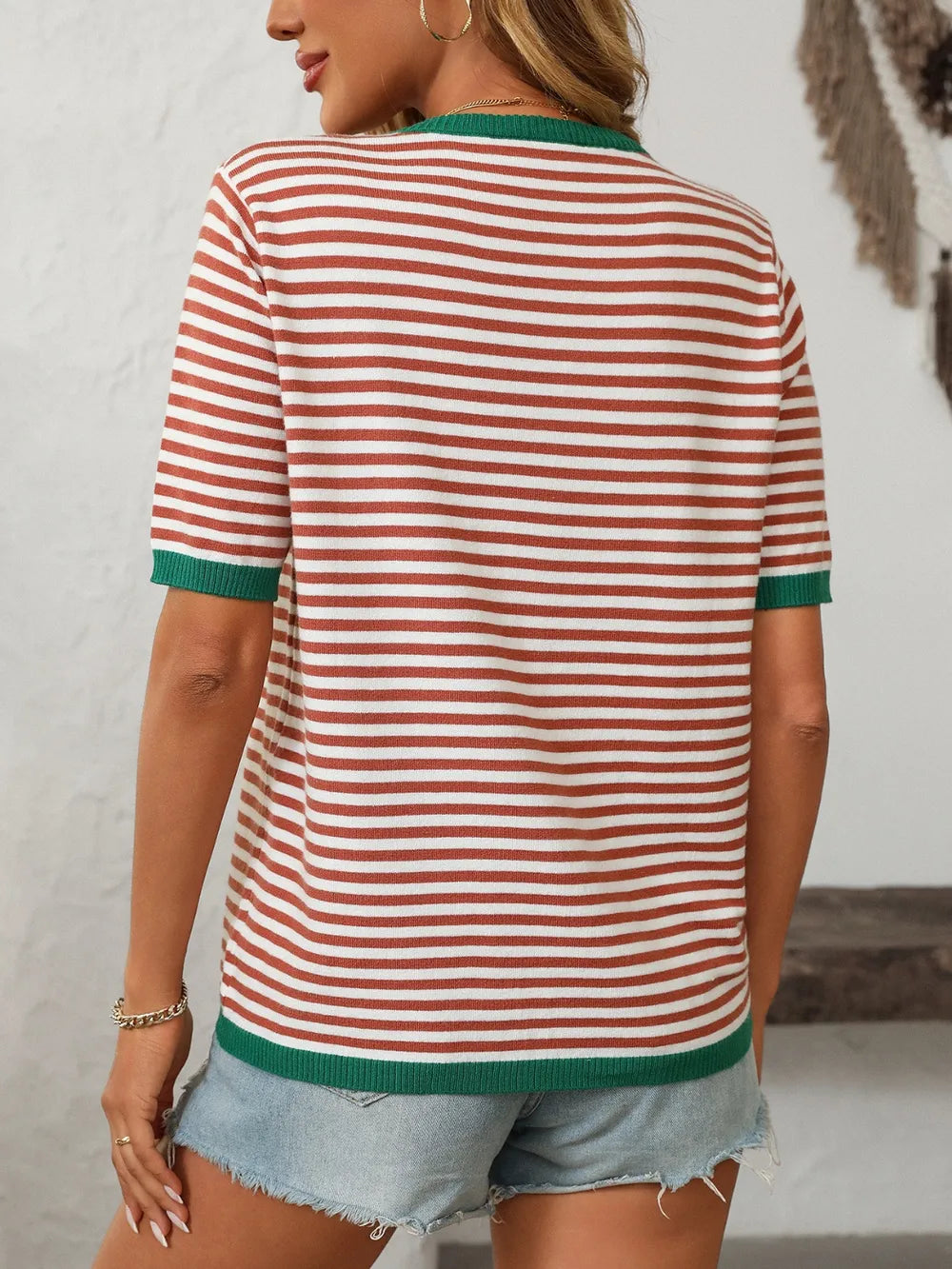 Mandy Striped Round Neck Half Sleeve Knit Top - adritiX