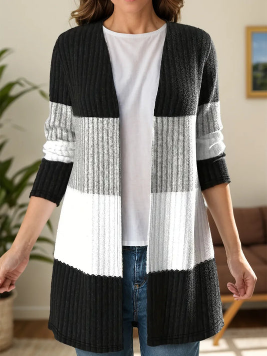 Color Block Open Front Long Sleeve Cardigan - adritiX