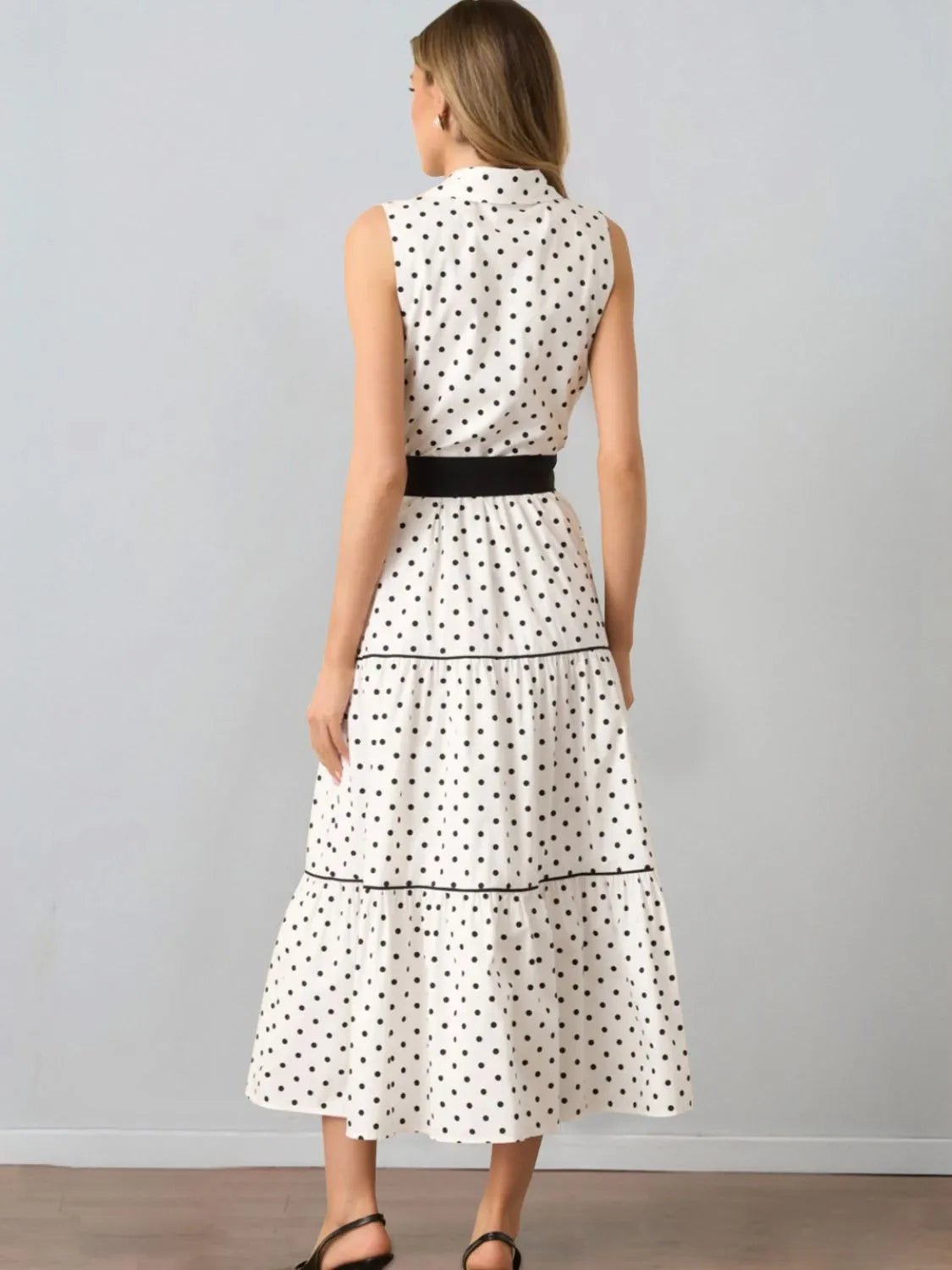 Polka Dot Sleeveless Midi Shirt Dress - adritiX