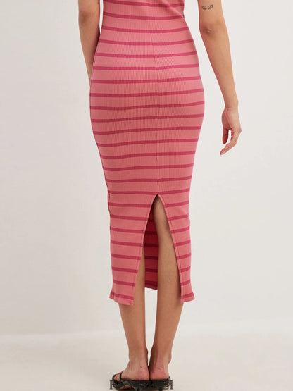 Slit Back Striped Strapless Bodycon Midi Dress - adritiX