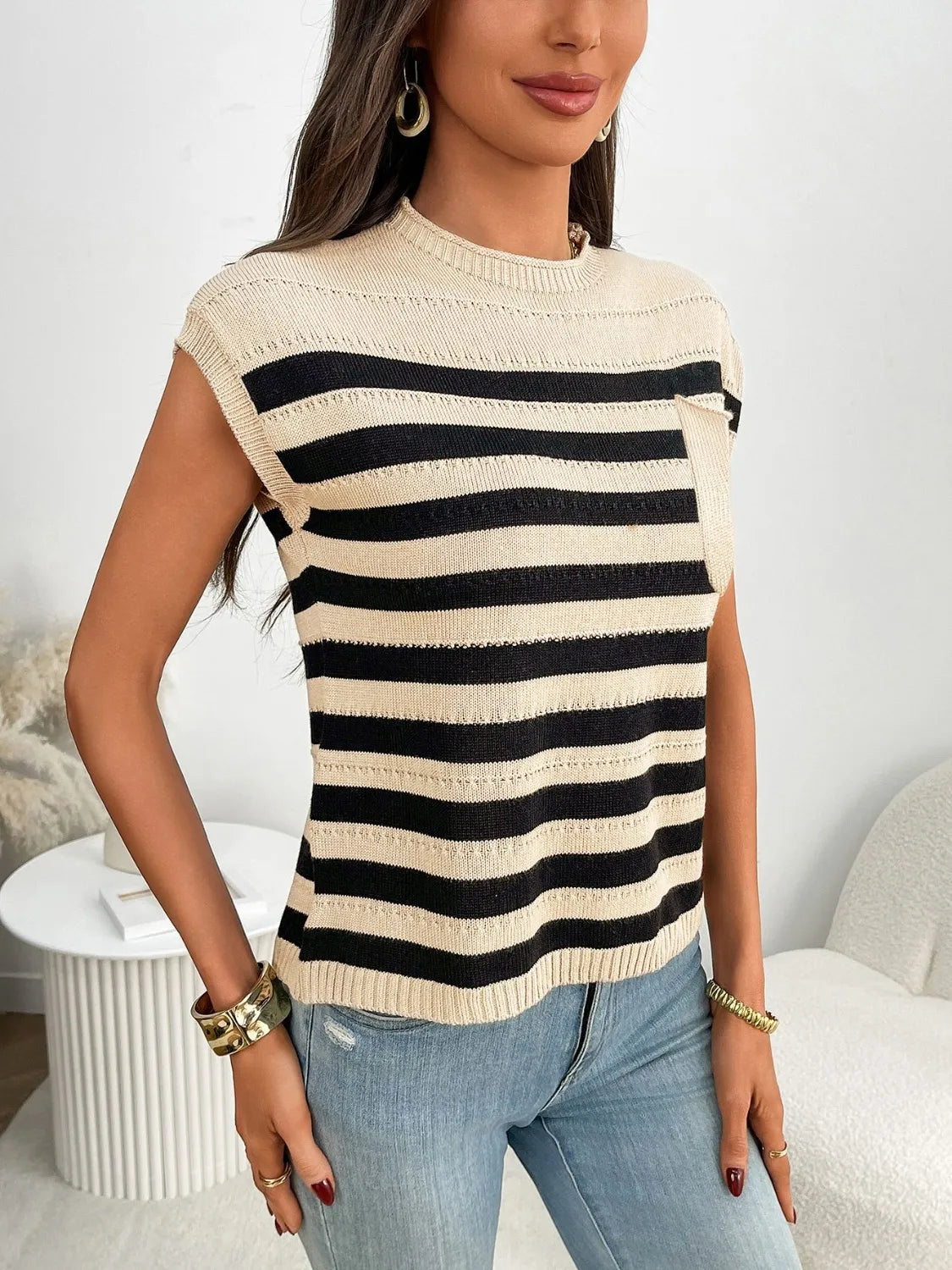 Striped Mock Neck Cap Sleeve Knit Top - adritiX
