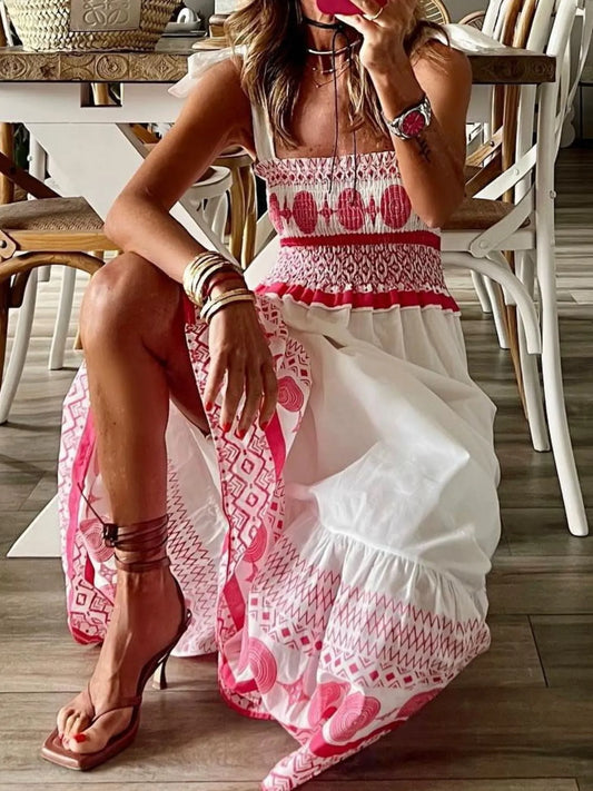 Smocked Printed Tie Shoulder Maxi Dress - adritiX