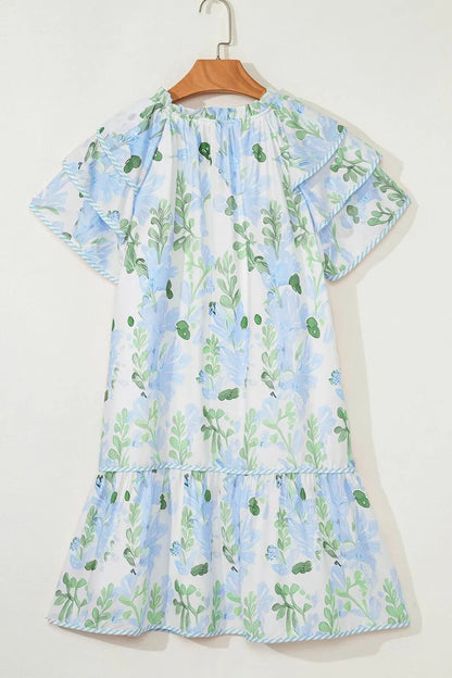 Floral Contrast Edge Layered Short Sleeve Mini Dress - adritiX