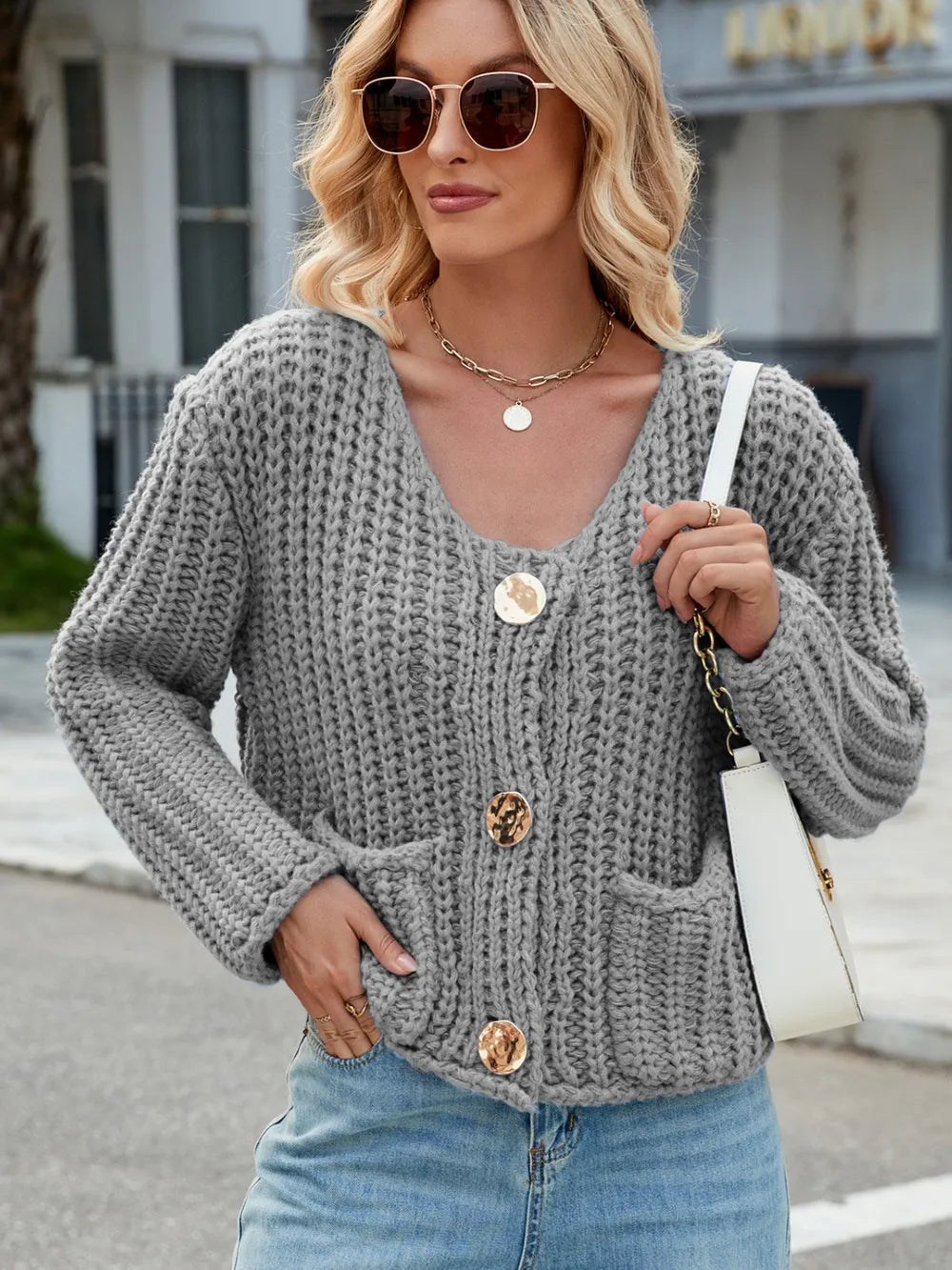 Round Neck Button Up Cardigan with Pockets - adritiX