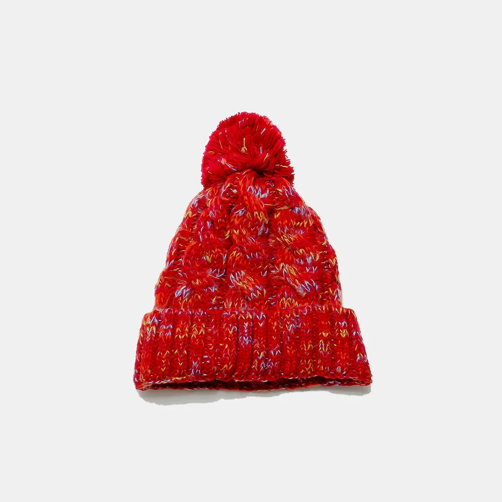 Contrast Cable-Knit Hat with Pompom - adritiX