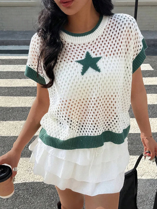 Star Pattern Mesh Knit Short Sleeve Knit Top - adritiX