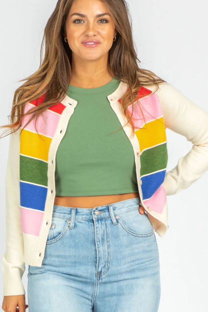 Contrast Button Down Long Sleeve Cardigan - adritiX