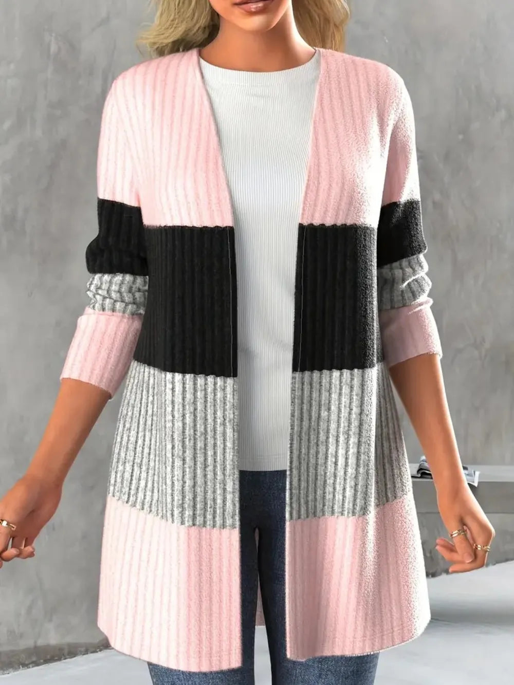 Color Block Open Front Long Sleeve Cardigan - adritiX