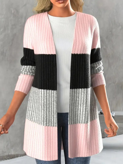 Color Block Open Front Long Sleeve Cardigan - adritiX