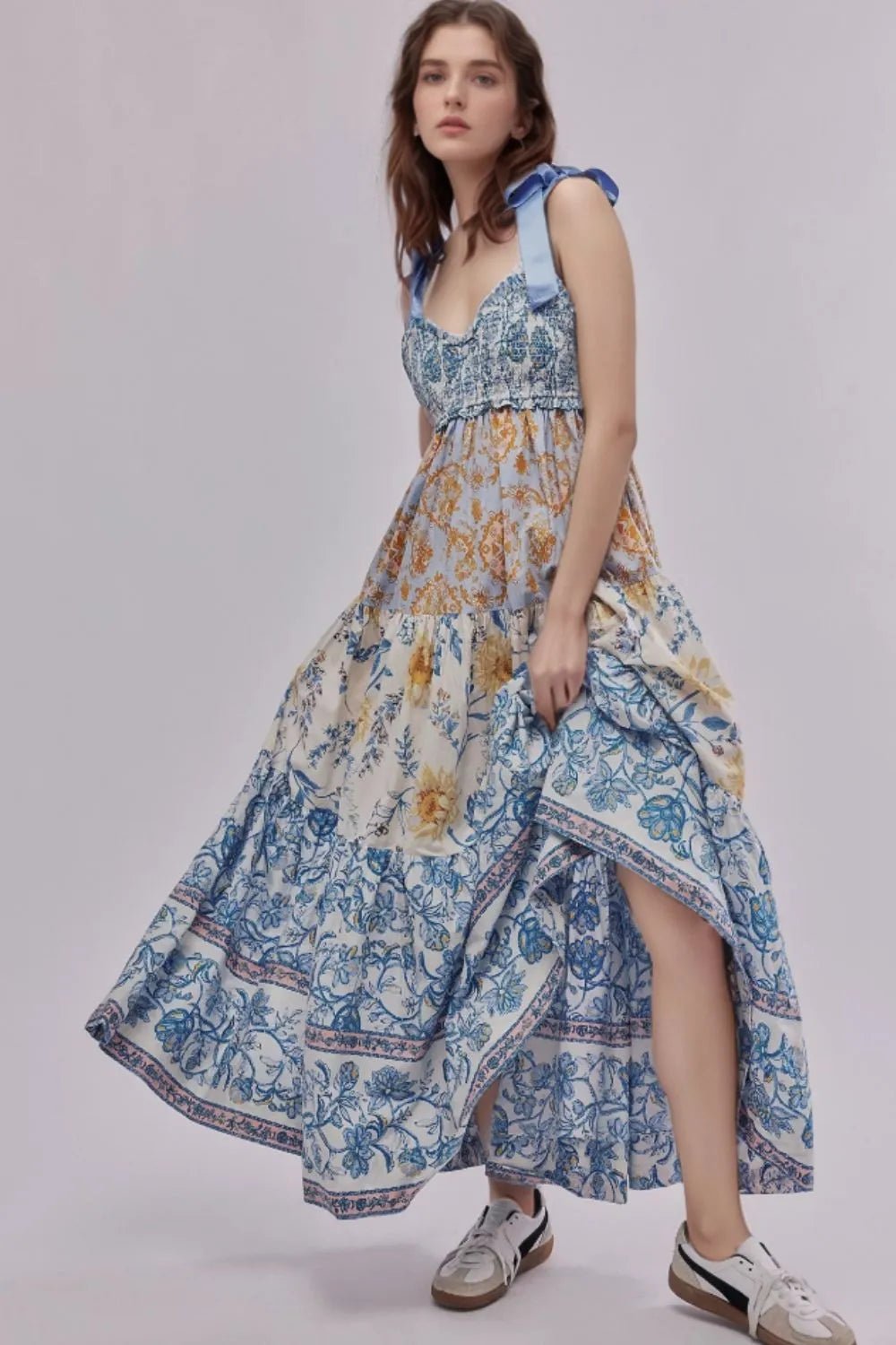 Floral Tiered Maxi Dress with Mixed Print Design - adritiX