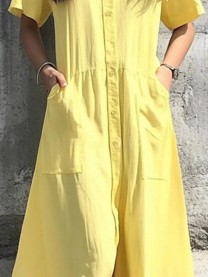 Button Front Short Sleeve Midi Dress - adritiX