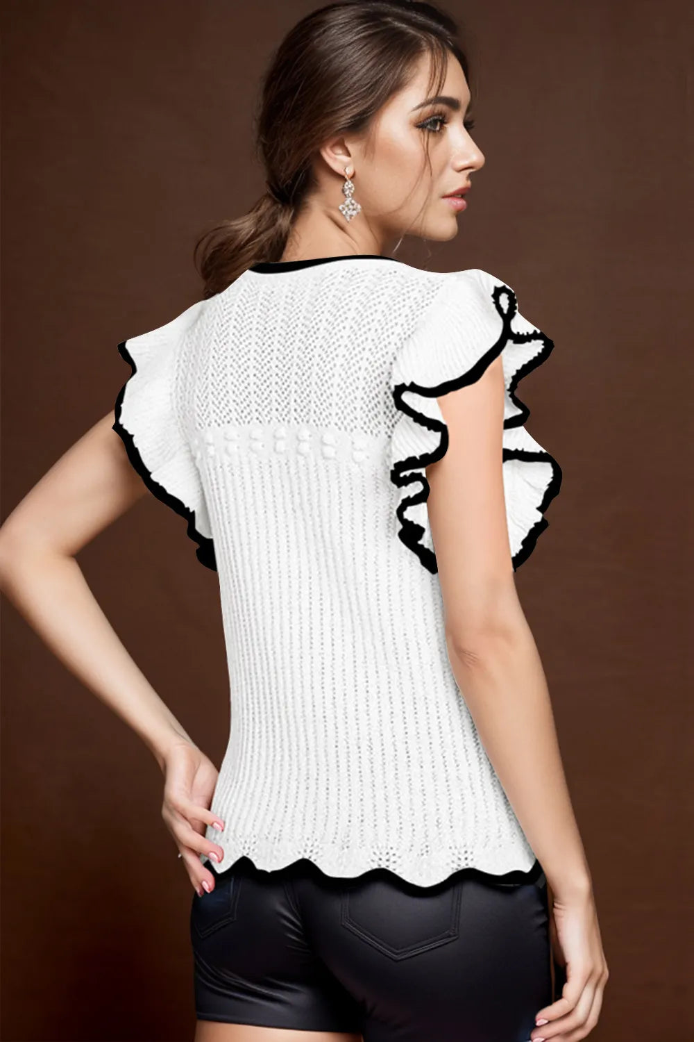 Ruffled Round Neck Cap Sleeve Knit Top - adritiX